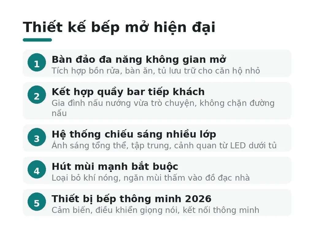 Thiết kế bếp mở hiện đại với bàn đảo và công năng tối ưu